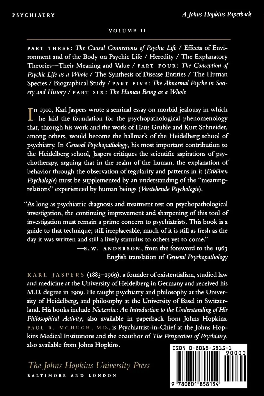 Rückseite: 9780801858154 | General Psychopathology | Karl Jaspers | Taschenbuch | Englisch | 1997