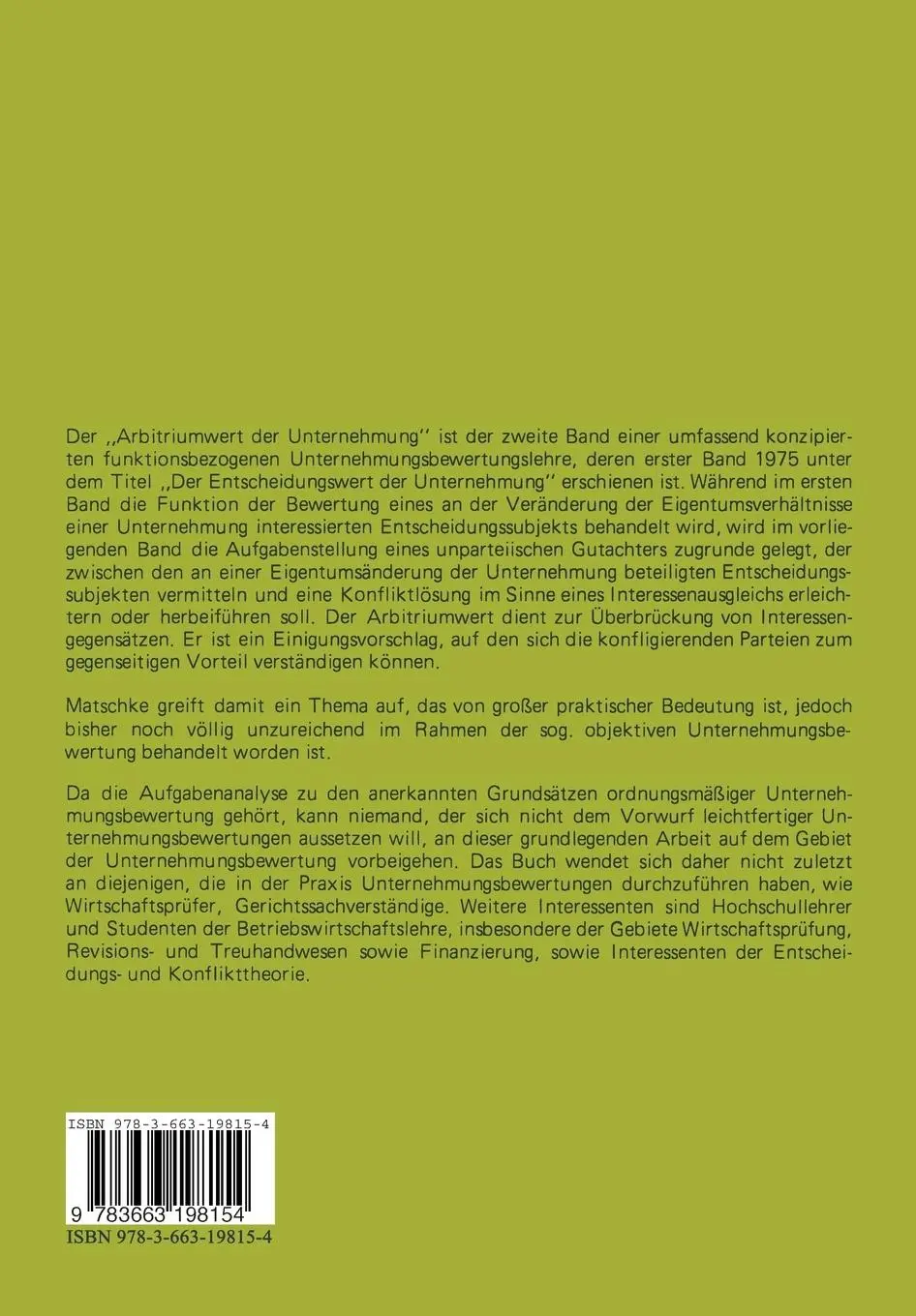 Rückseite: 9783663198154 | Funktionale Unternehmungsbewertung | Manfred Jürgen Matschke | Buch