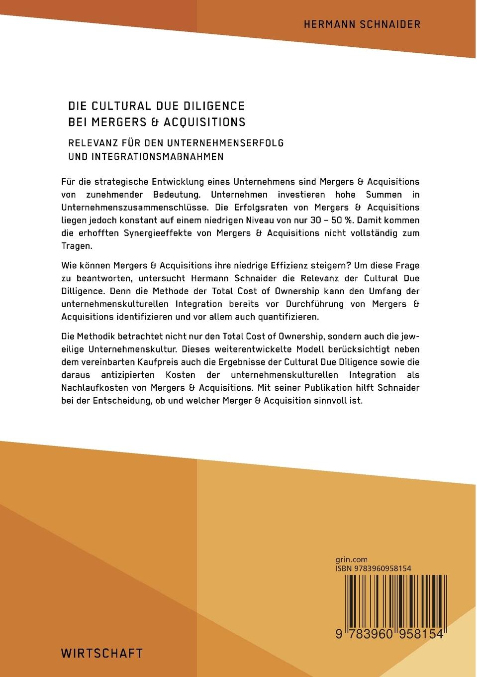 Rückseite: 9783960958154 | Die Cultural Due Diligence bei Mergers &amp; Acquisitions. Relevanz für...