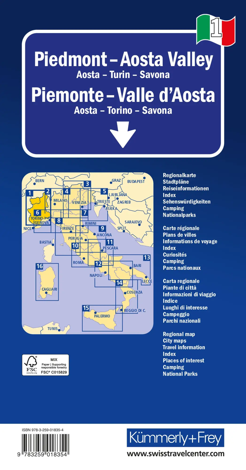 Rückseite: 9783259018354 | Kümmerly+Frey Regional-Strassenkarte 1 Piemont, Aostatal 1:200.000