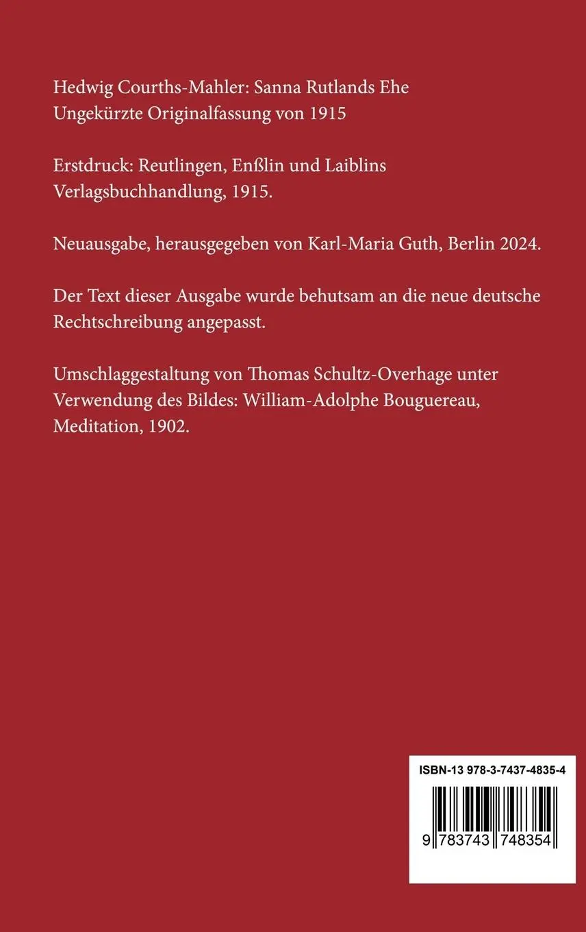 Rückseite: 9783743748354 | Sanna Rutlands Ehe | Ungekürzte Originalfassung von 1915 | Buch | 2024