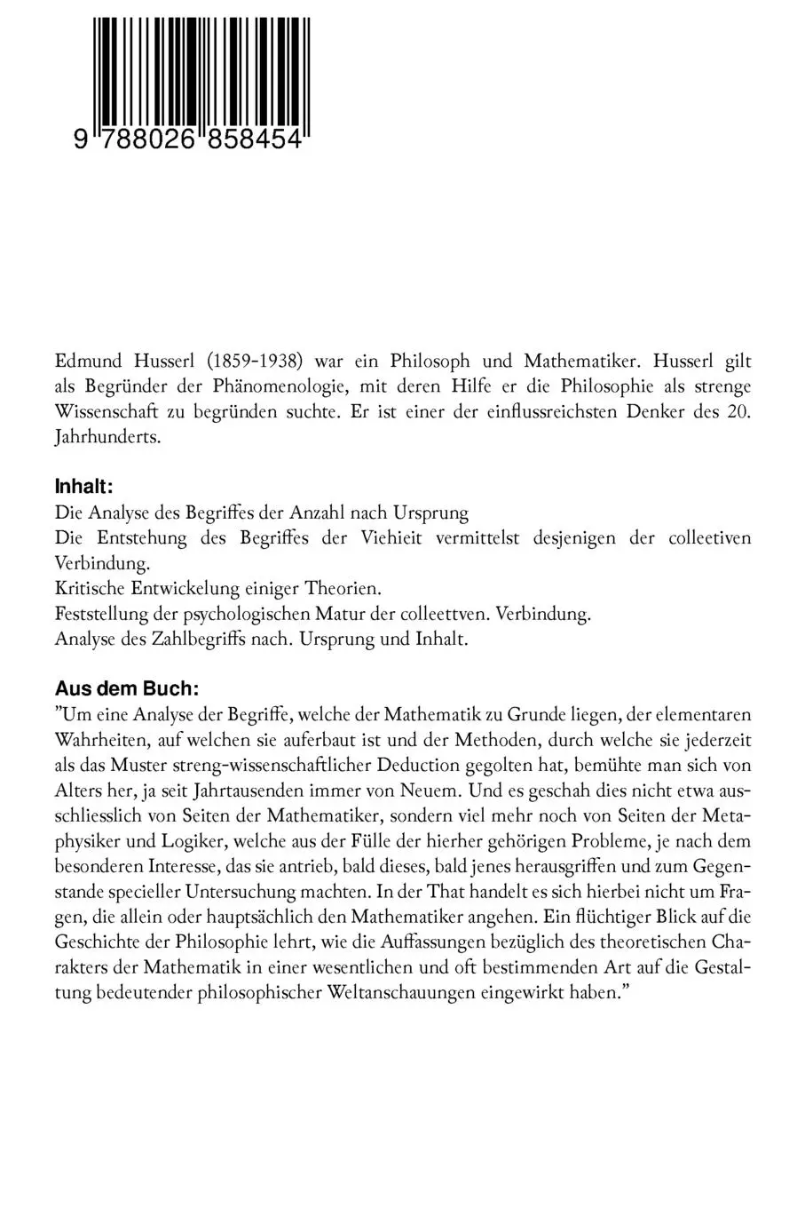 Rückseite: 9788026858454 | Über den Begriff der Zahl | Psychologische Analysen | Edmund Husserl