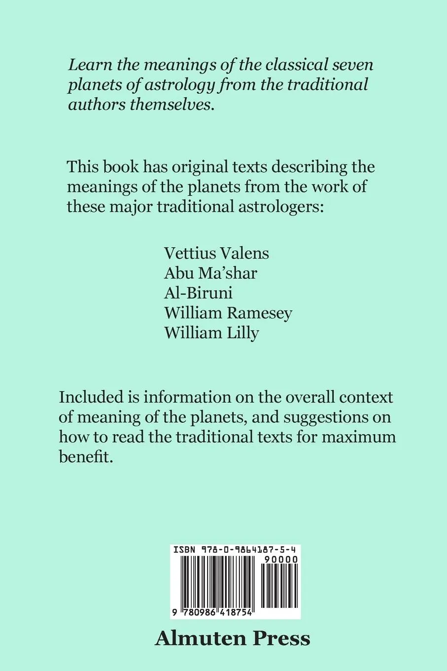 Rückseite: 9780986418754 | The Classical Seven Planets | Source Texts and Meaning | Charles Obert