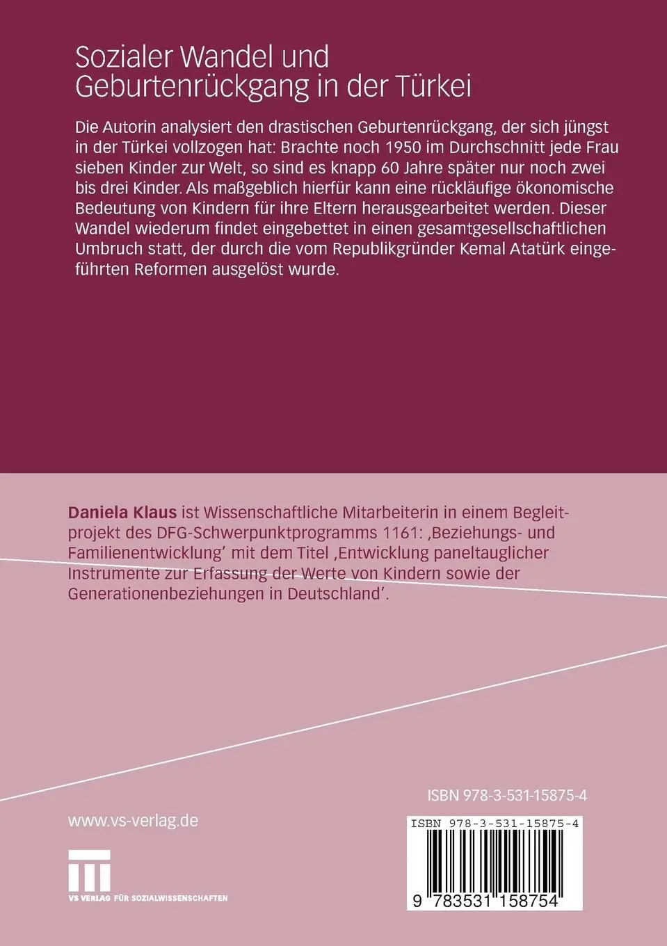 Rückseite: 9783531158754 | Sozialer Wandel und Geburtenrückgang in der Türkei | Daniela Klaus