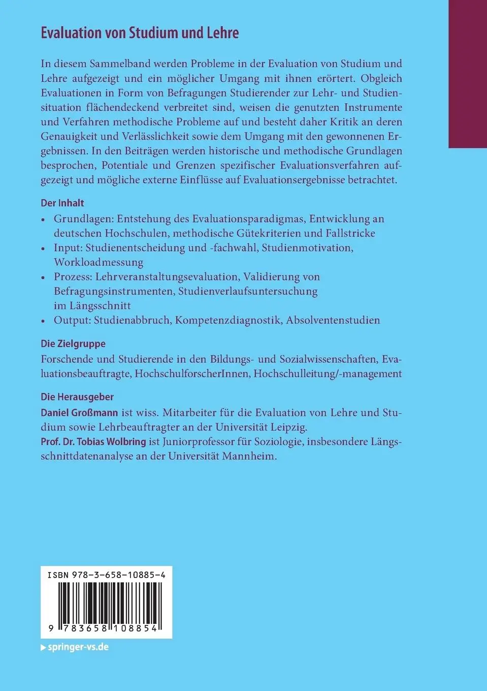 Rückseite: 9783658108854 | Evaluation von Studium und Lehre | Daniel Großmann (u. a.) | Buch