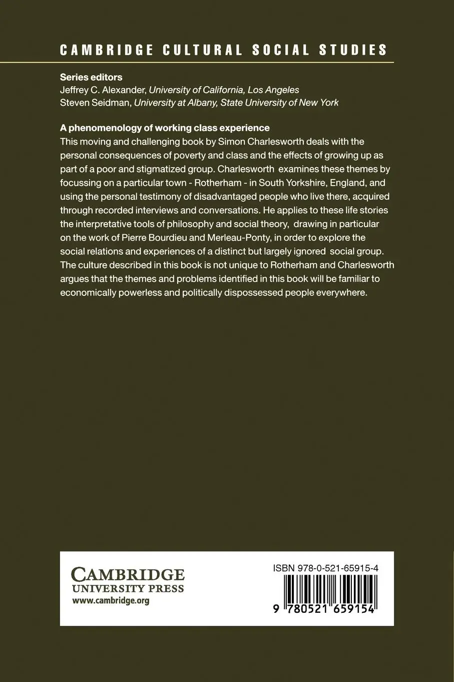 Rückseite: 9780521659154 | A Phenomenology of Working-Class Experience | Simon J. Charlesworth