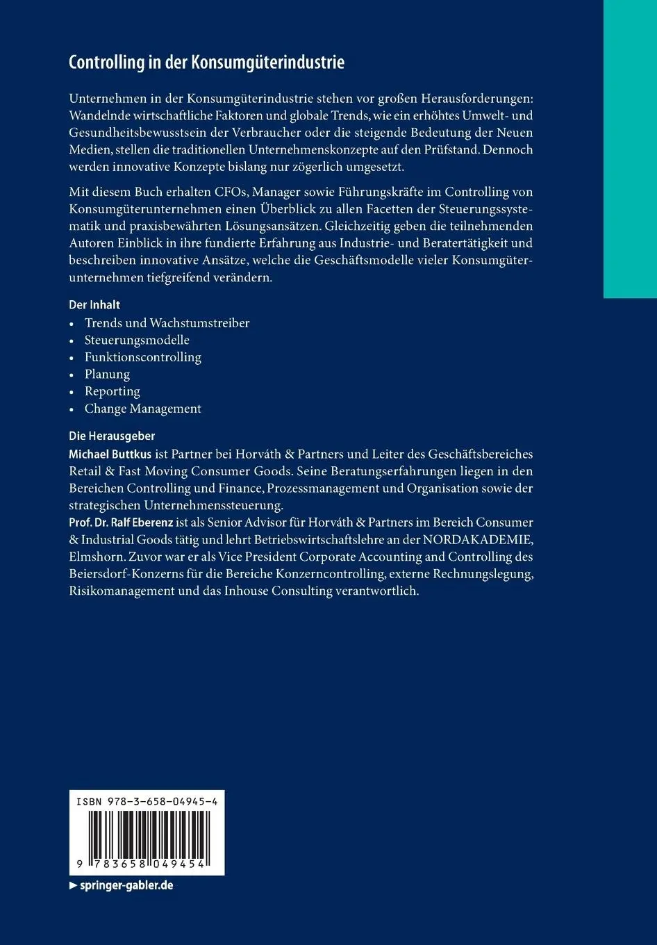Rückseite: 9783658049454 | Controlling in der Konsumgüterindustrie | Ralf Eberenz (u. a.) | Buch