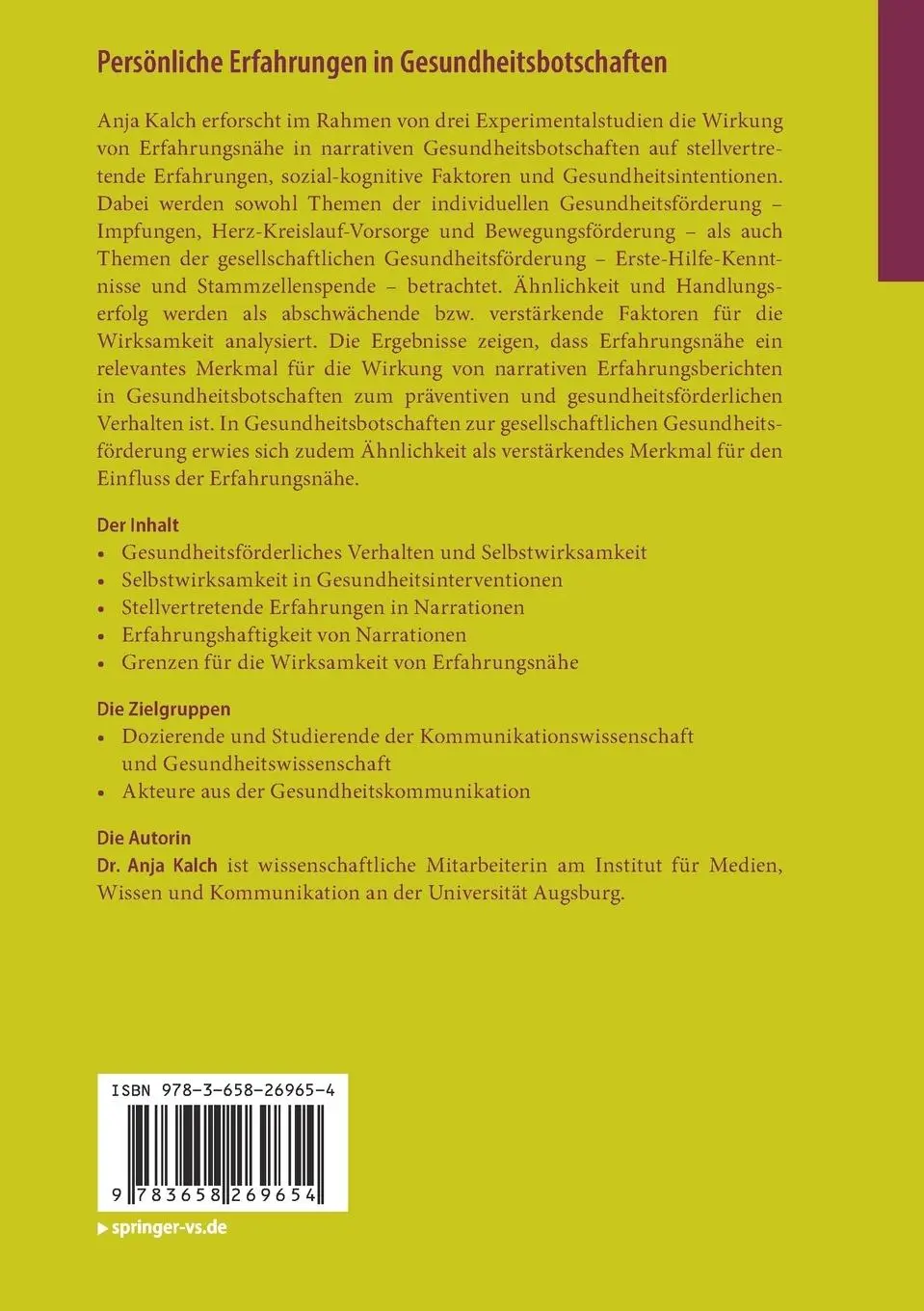 Rückseite: 9783658269654 | Persönliche Erfahrungen in Gesundheitsbotschaften | Anja Kalch | Buch