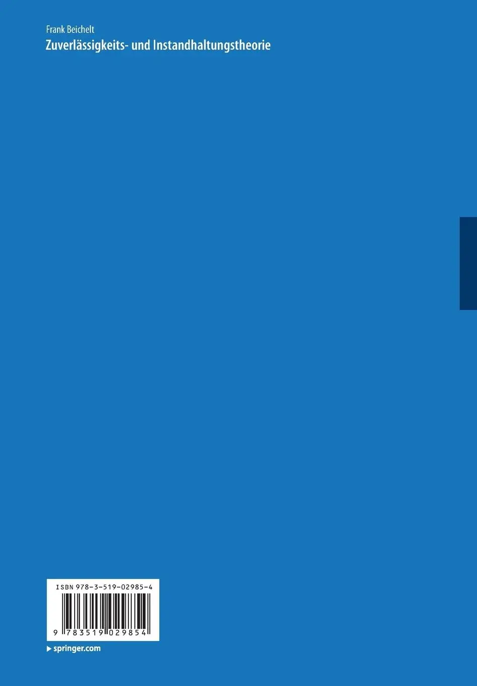 Rückseite: 9783519029854 | Zuverlässigkeits- und Instandhaltungstheorie | Frank Beichelt | Buch