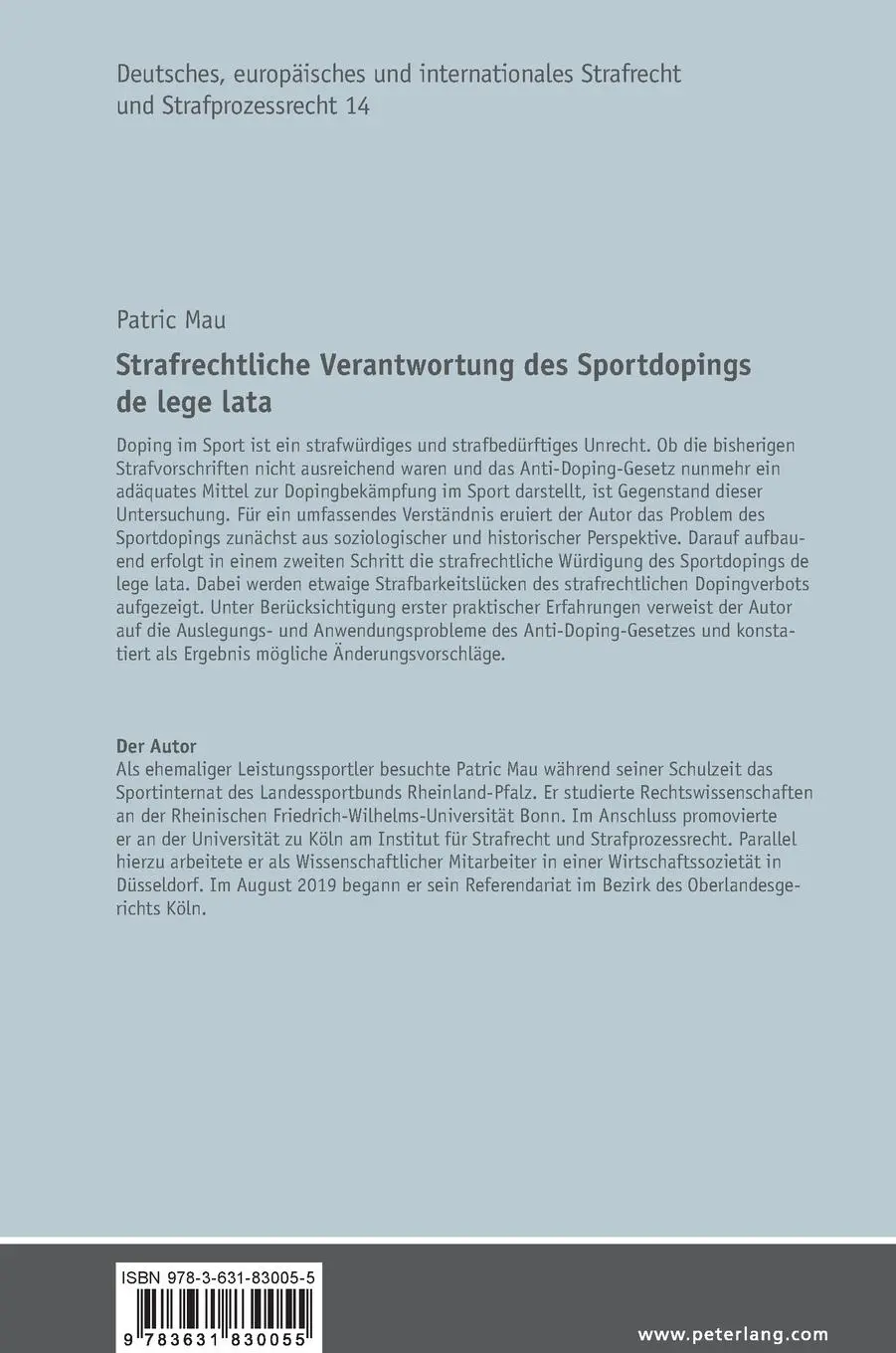 Rückseite: 9783631830055 | Strafrechtliche Verantwortung des Sportdopings de lege lata | Mau
