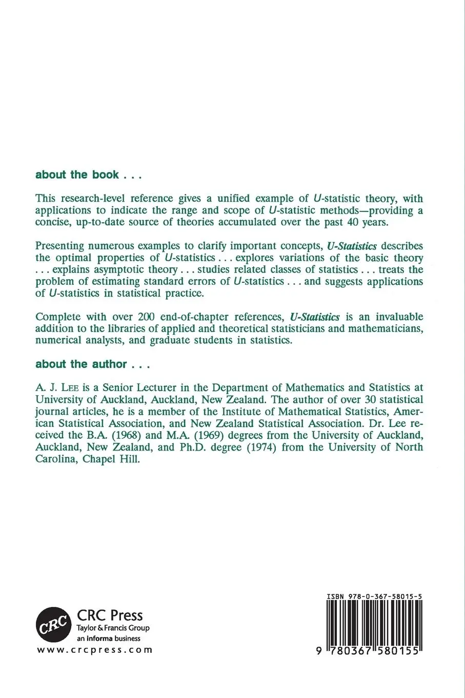 Rückseite: 9780367580155 | U-Statistics | Theory and Practice | A. J. Lee | Taschenbuch | 2020