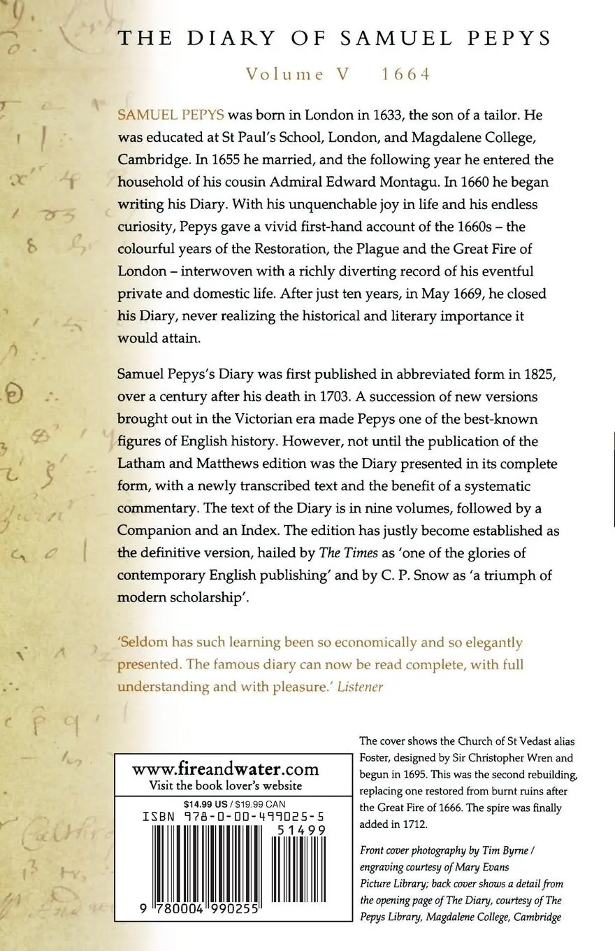 Rückseite: 9780004990255 | The Diary of Samuel Pepys | Volume V - 1664 | Samuel Pepys | Buch