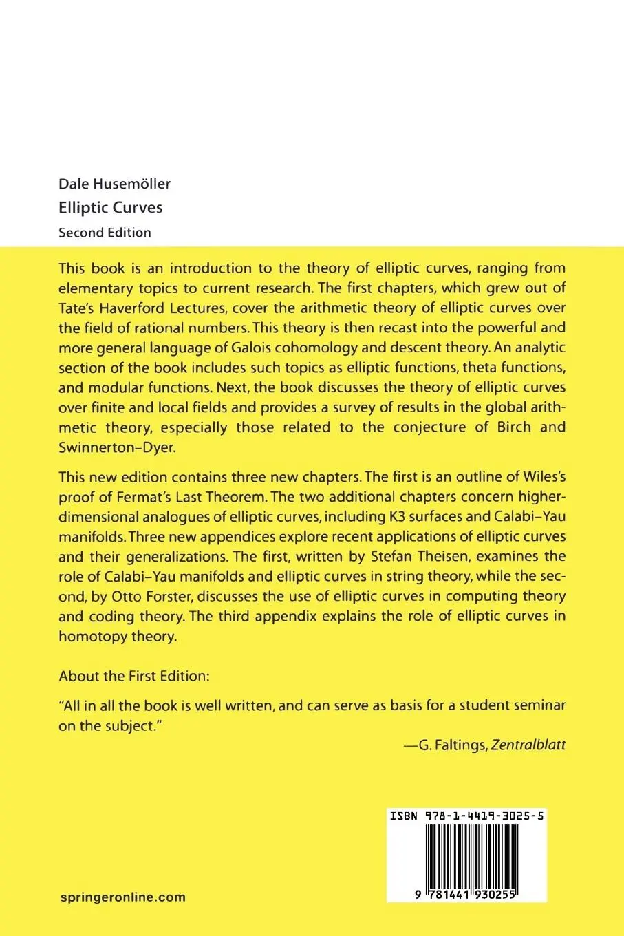 Rückseite: 9781441930255 | Elliptic Curves | Dale Husemöller | Taschenbuch | xxii | Englisch