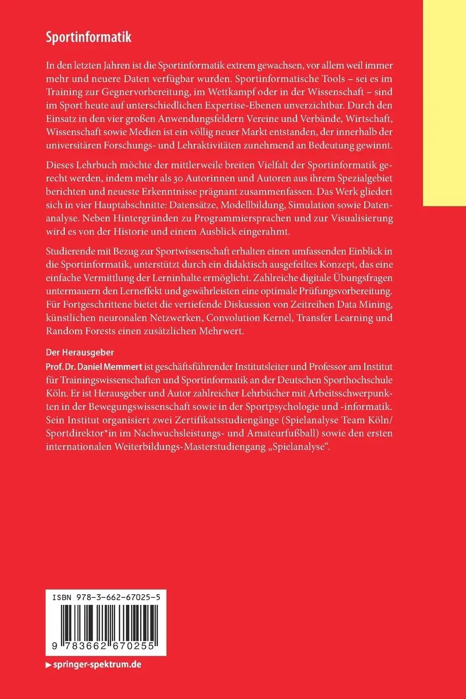 Rückseite: 9783662670255 | Sportinformatik | Daniel Memmert | Bundle | 1 Taschenbuch | Deutsch