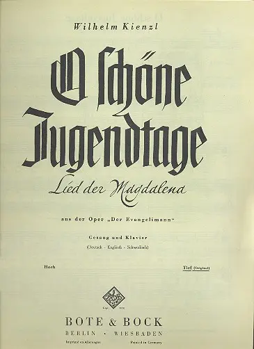 Cover: 9790202500255 | O schone Jugendtage D-Dur | from Der Evangelimann | Wilhelm Kienzl
