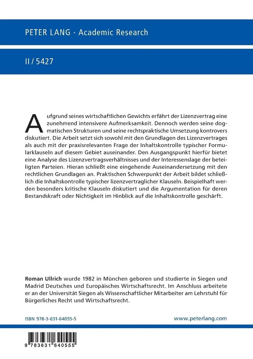 Rückseite: 9783631640555 | Lizenzverträge und ihre Inhaltskontrolle im unternehmerischen...