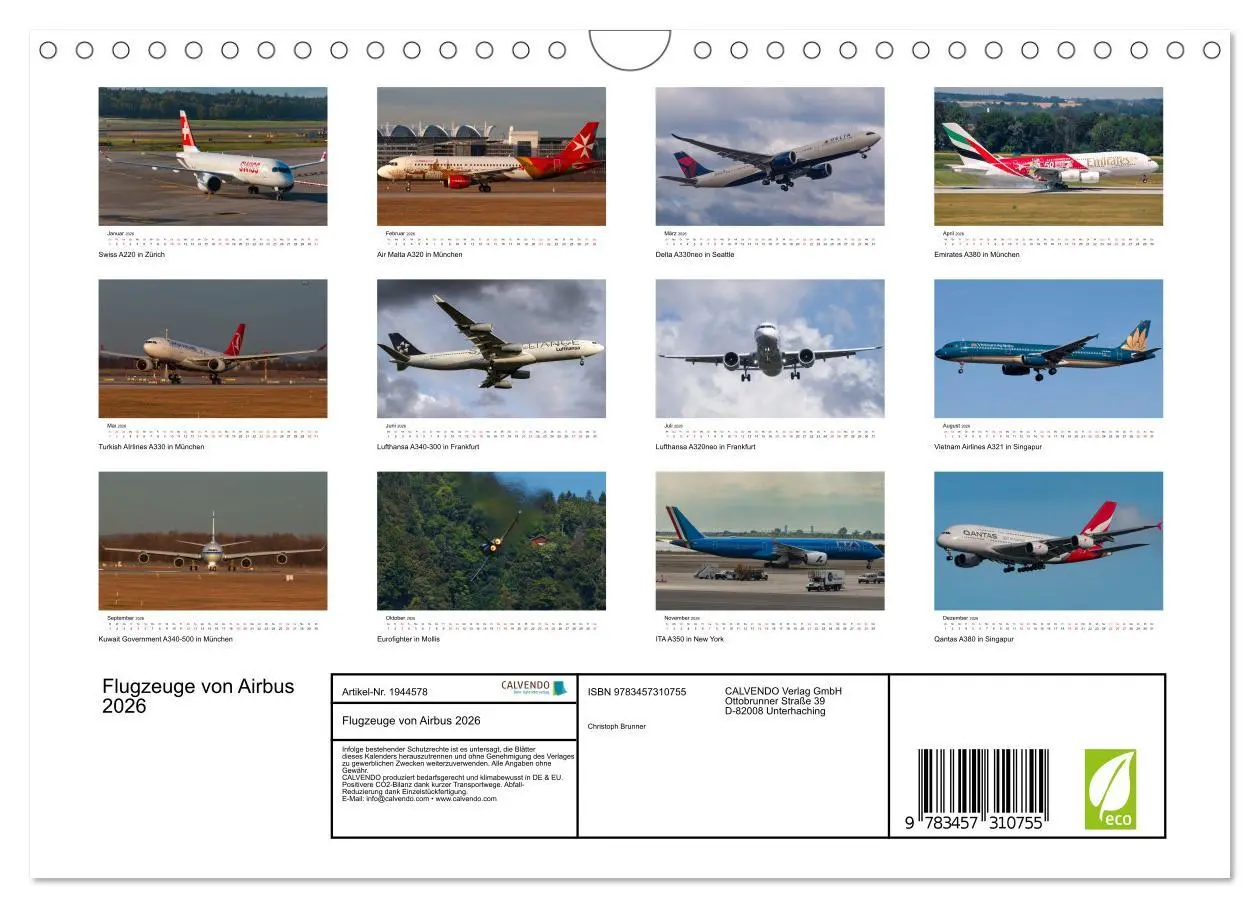 Bild: 9783457310755 | Flugzeuge von Airbus 2026 (Wandkalender 2026 DIN A4 quer), CALVENDO...