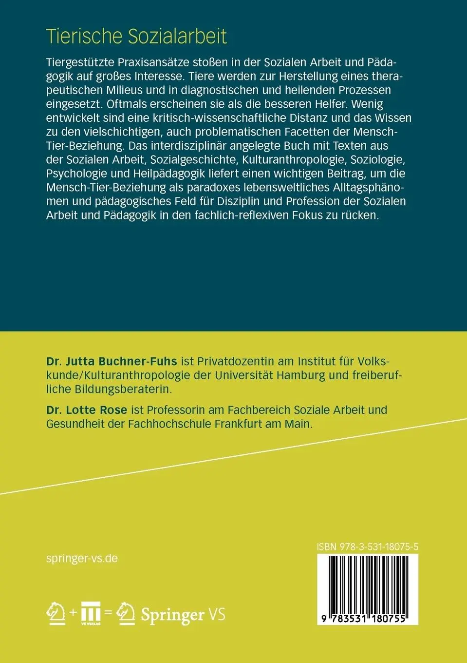 Rückseite: 9783531180755 | Tierische Sozialarbeit | Jutta Buchner-Fuhs (u. a.) | Taschenbuch