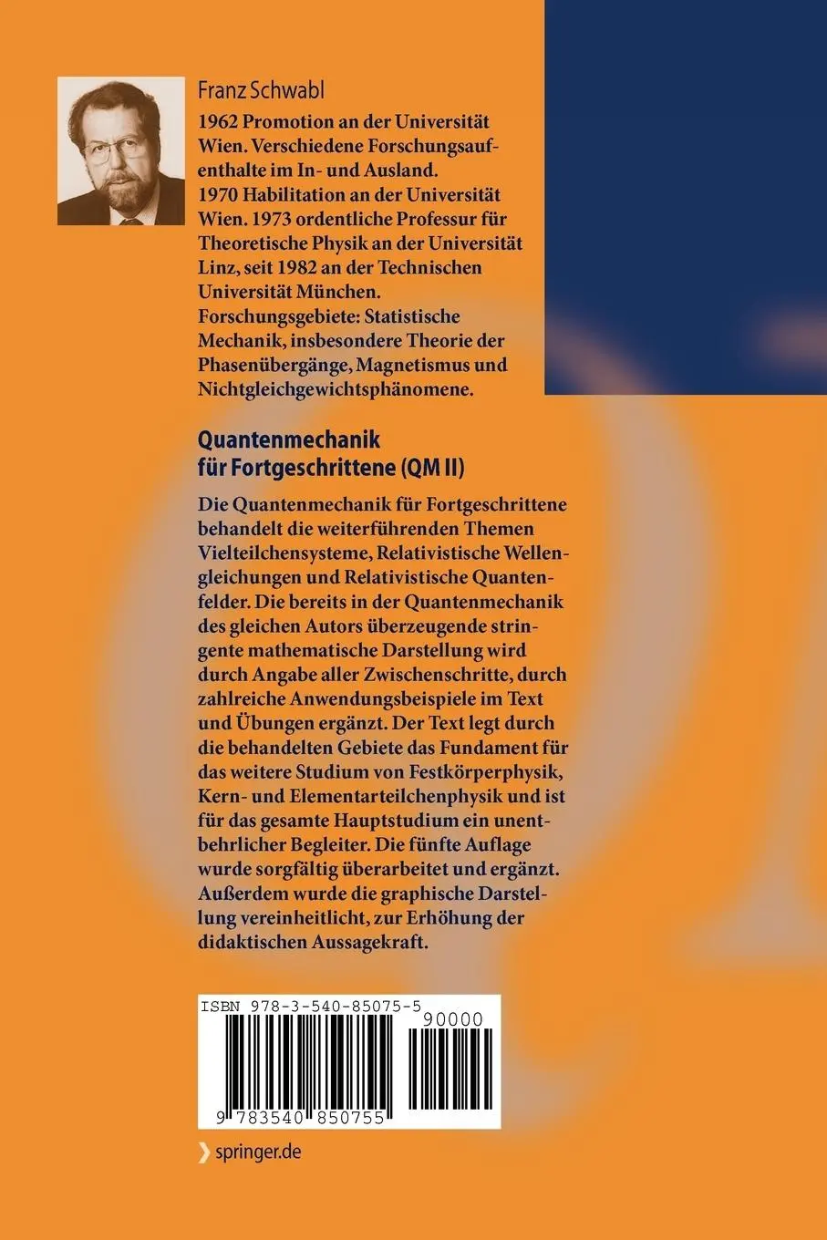 Rückseite: 9783540850755 | Quantenmechanik für Fortgeschrittene (QM II) | Franz Schwabl | Buch