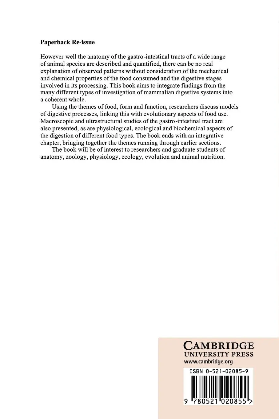 Rückseite: 9780521020855 | The Digestive System in Mammals | Food Form and Function | Taschenbuch