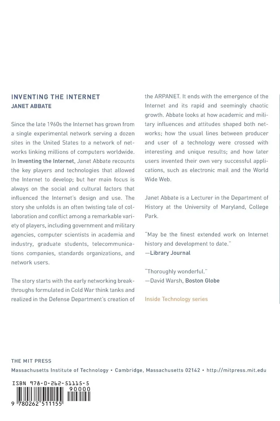 Rückseite: 9780262511155 | Inventing the Internet | Janet Abbate | Taschenbuch | Englisch | 2000