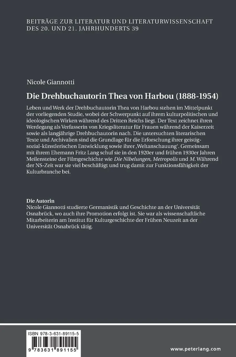 Rückseite: 9783631891155 | Die Drehbuchautorin Thea von Harbou (1888-1954) | Eine Biografie