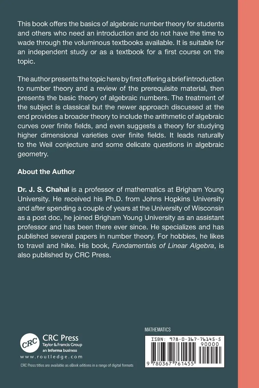 Rückseite: 9780367761455 | Algebraic Number Theory | A Brief Introduction | J. S. Chahal | Buch
