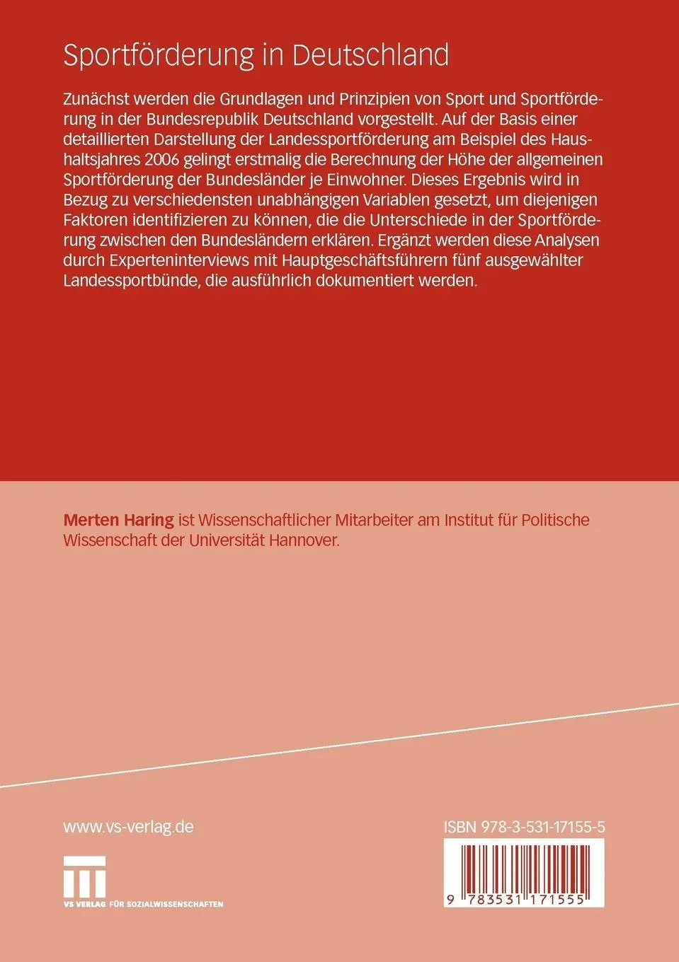 Rückseite: 9783531171555 | Sportförderung in Deutschland | Merten Haring | Taschenbuch | iv