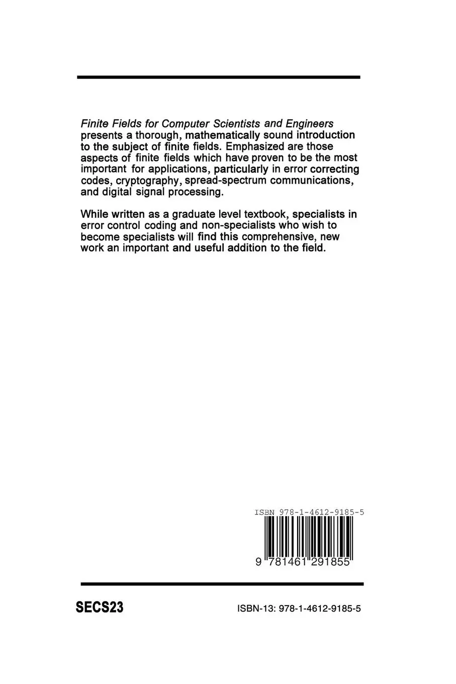 Rückseite: 9781461291855 | Finite Fields for Computer Scientists and Engineers | McEliece | Buch
