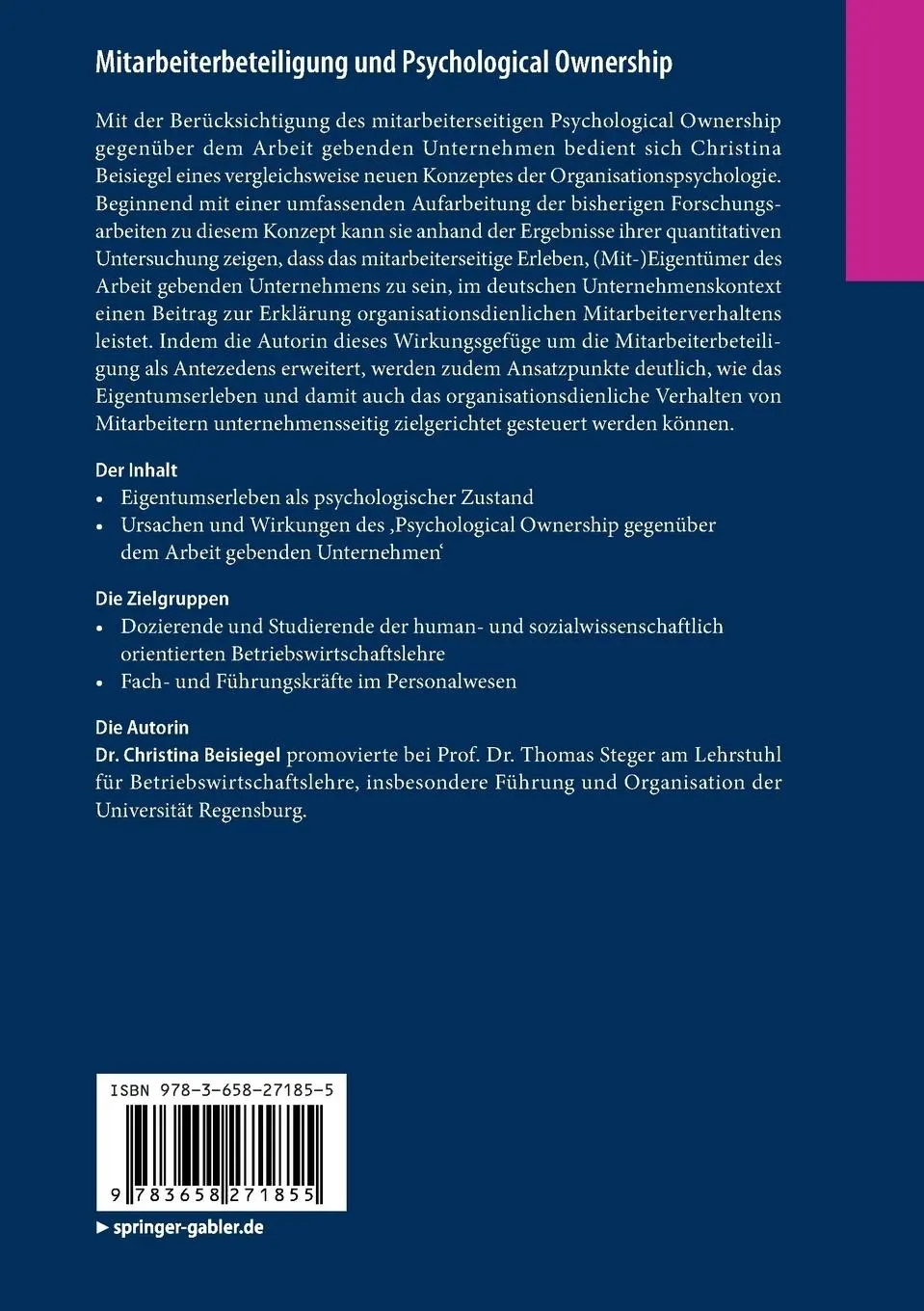 Rückseite: 9783658271855 | Mitarbeiterbeteiligung und Psychological Ownership | Beisiegel | Buch