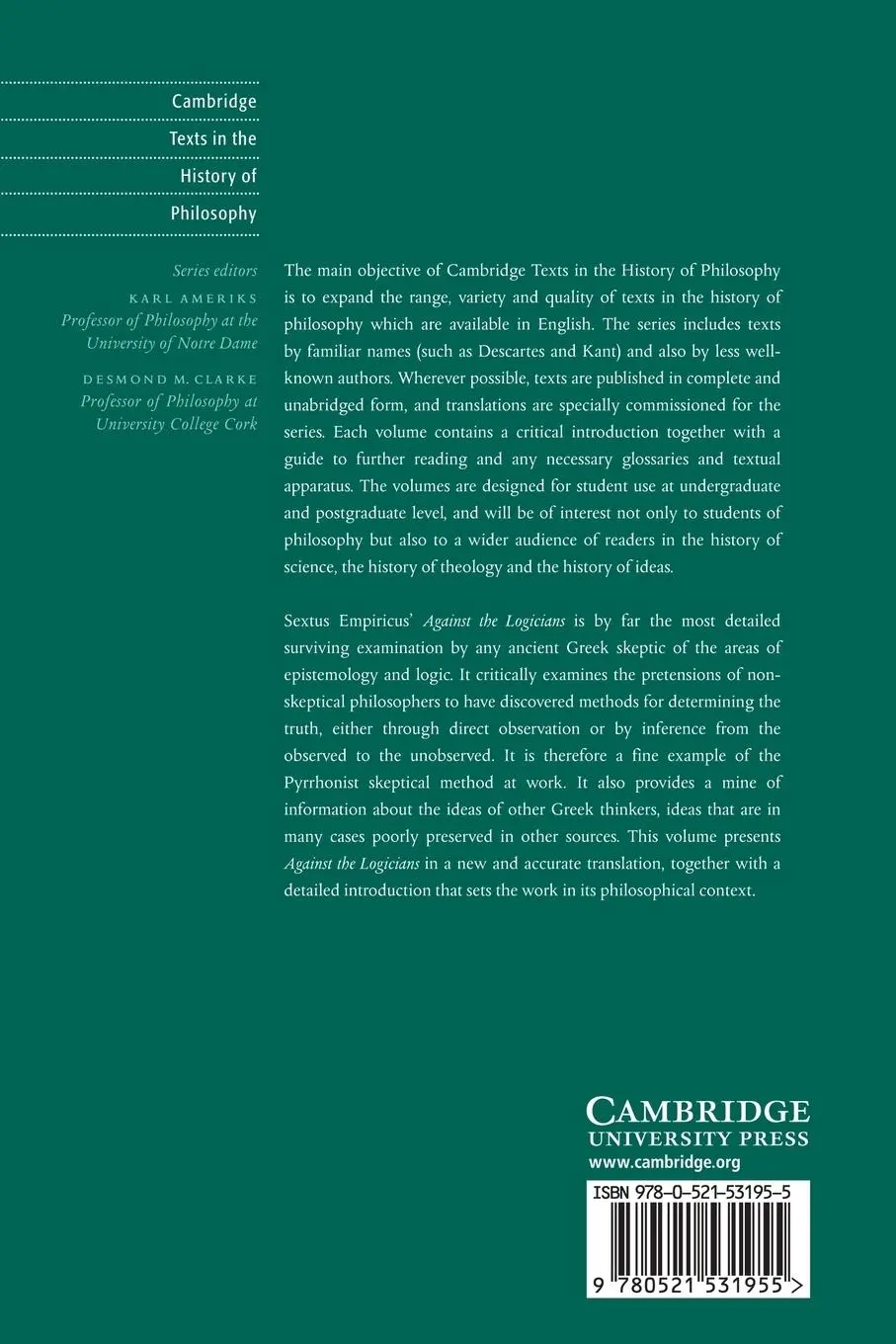 Rückseite: 9780521531955 | Sextus Empiricus | Against the Logicians | Richard Bett | Taschenbuch