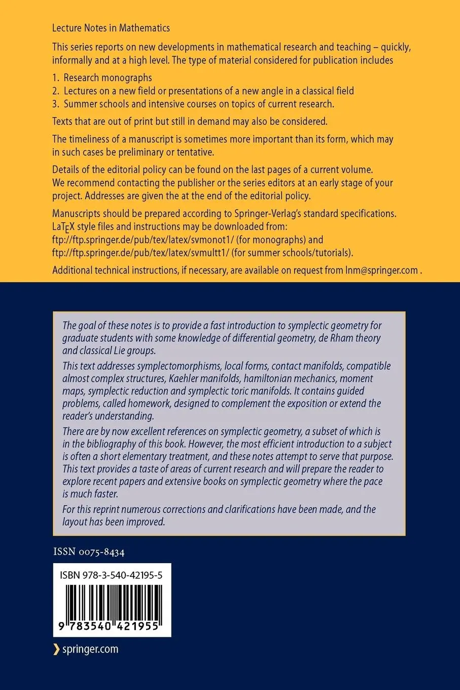 Rückseite: 9783540421955 | Lectures on Symplectic Geometry | Ana Cannas Da Silva | Taschenbuch
