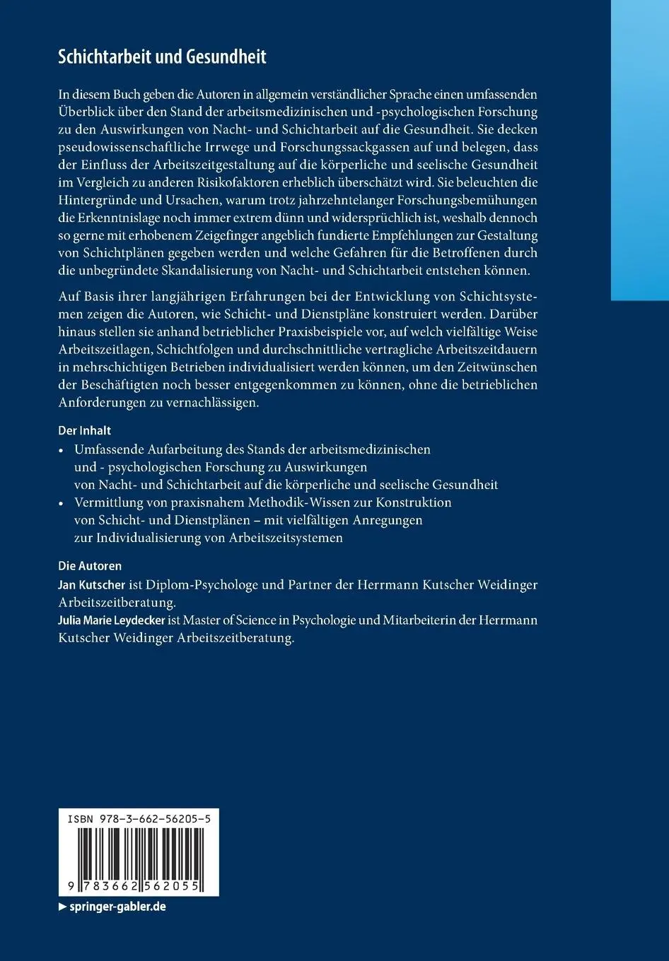 Rückseite: 9783662562055 | Schichtarbeit und Gesundheit | Julia Marie Leydecker (u. a.) | Buch