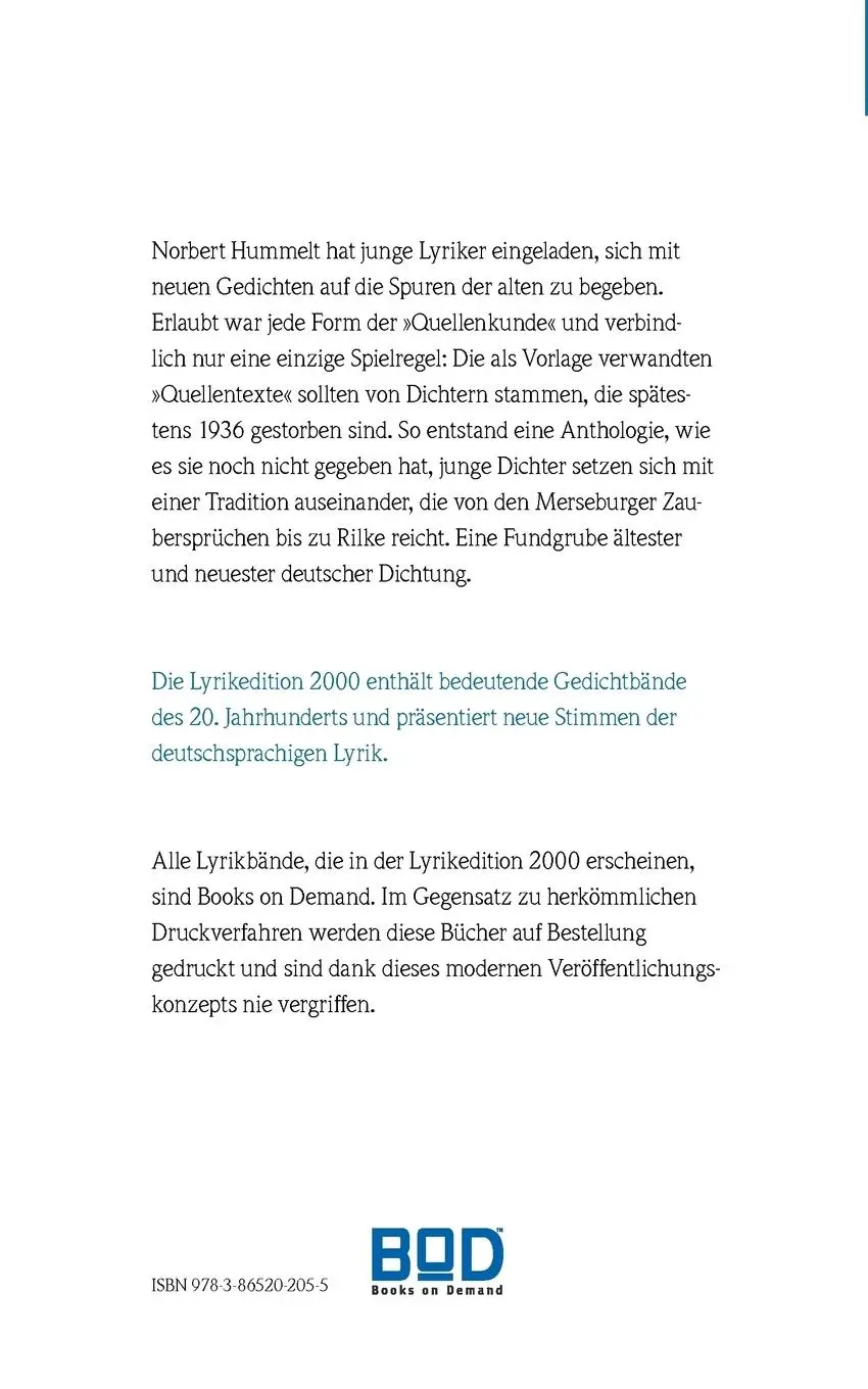 Rückseite: 9783865202055 | Quellenkunde | Gedichte | Norbert Hummelt | Taschenbuch | 204 S.