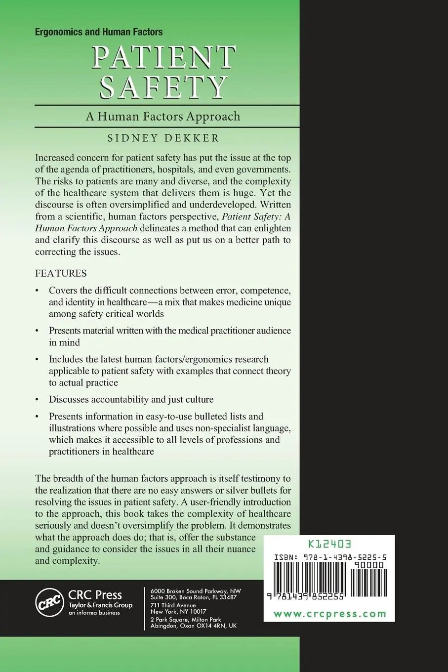 Rückseite: 9781439852255 | Patient Safety | A Human Factors Approach | Sidney Dekker | Buch
