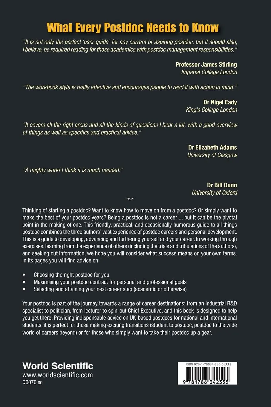 Rückseite: 9781786342355 | WHAT EVERY POSTDOC NEEDS TO KNOW | Elvidge | Taschenbuch | Englisch