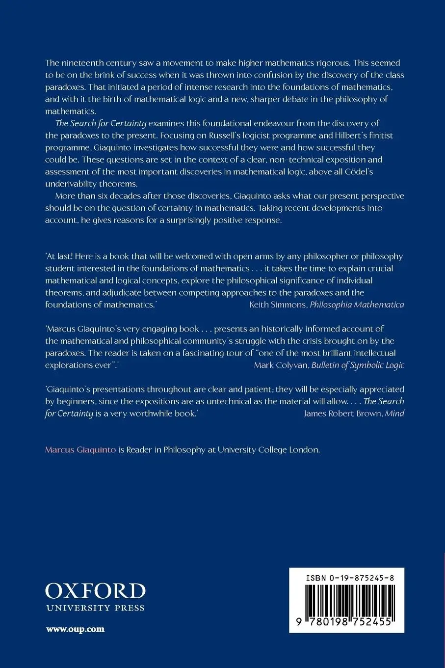 Rückseite: 9780198752455 | The Search for Certainty | Marcus Giaquinto | Taschenbuch | Englisch