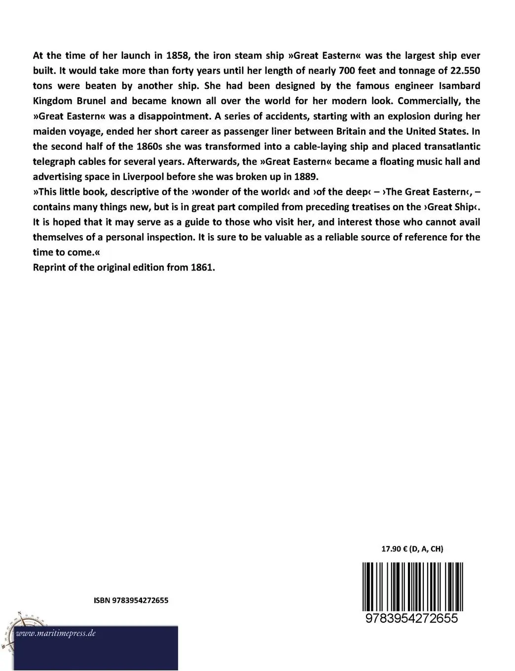 Rückseite: 9783954272655 | Description and History of the »Great Eastern« | Unknown | Taschenbuch