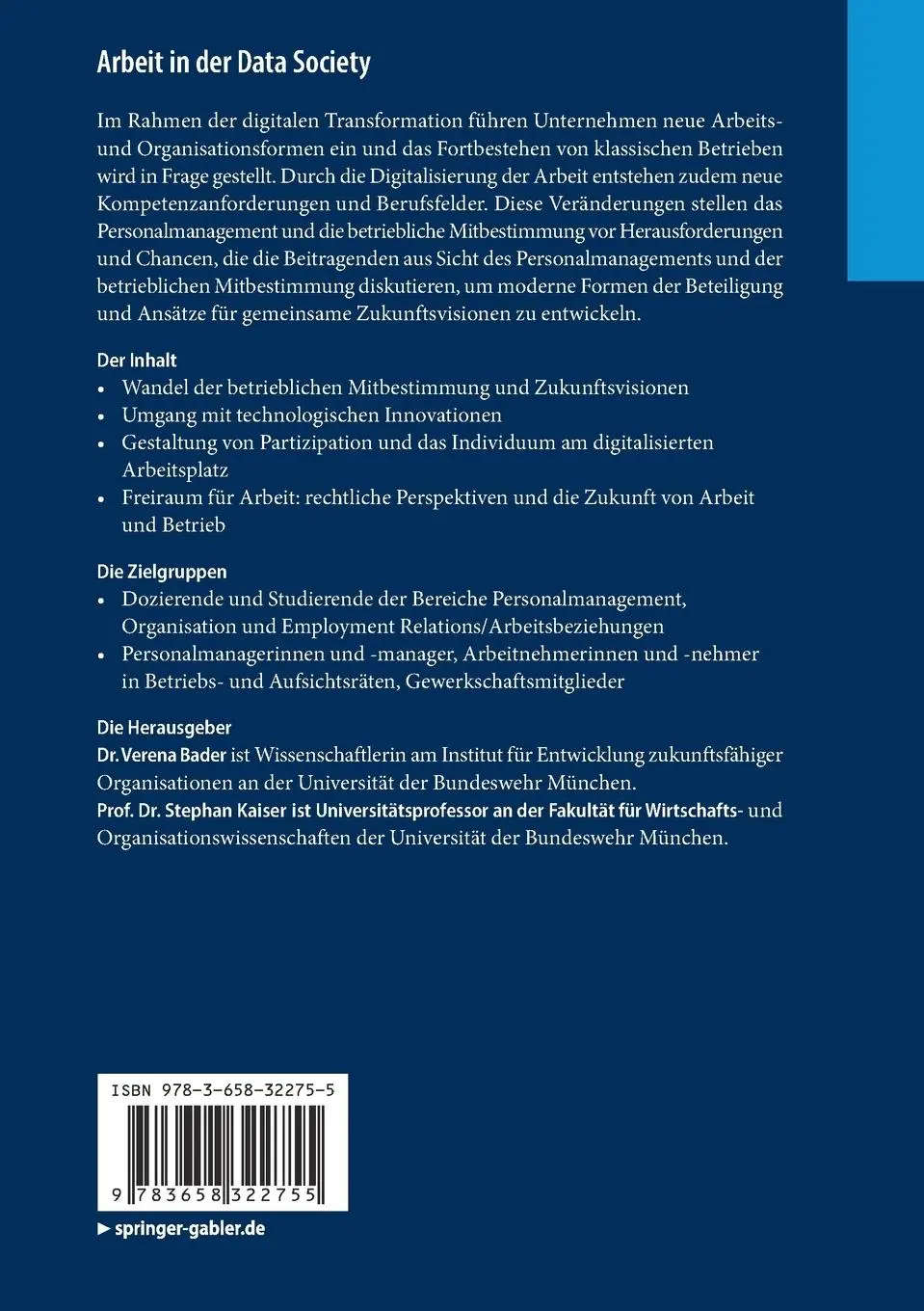 Rückseite: 9783658322755 | Arbeit in der Data Society | Stephan Kaiser (u. a.) | Taschenbuch | xi