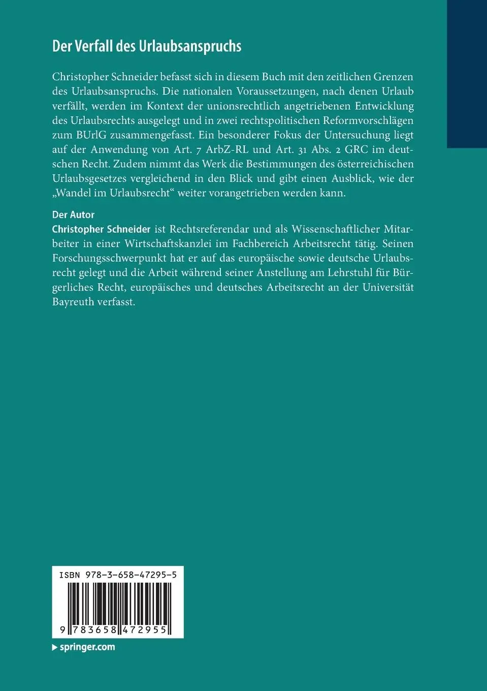 Rückseite: 9783658472955 | Der Verfall des Urlaubsanspruchs | Christopher Schneider | Taschenbuch