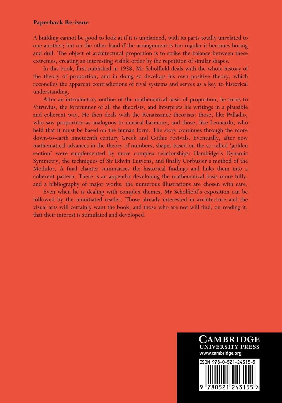 Rückseite: 9780521243155 | The Theory of Proportion in Architecture | P. H. Scholfield | Buch