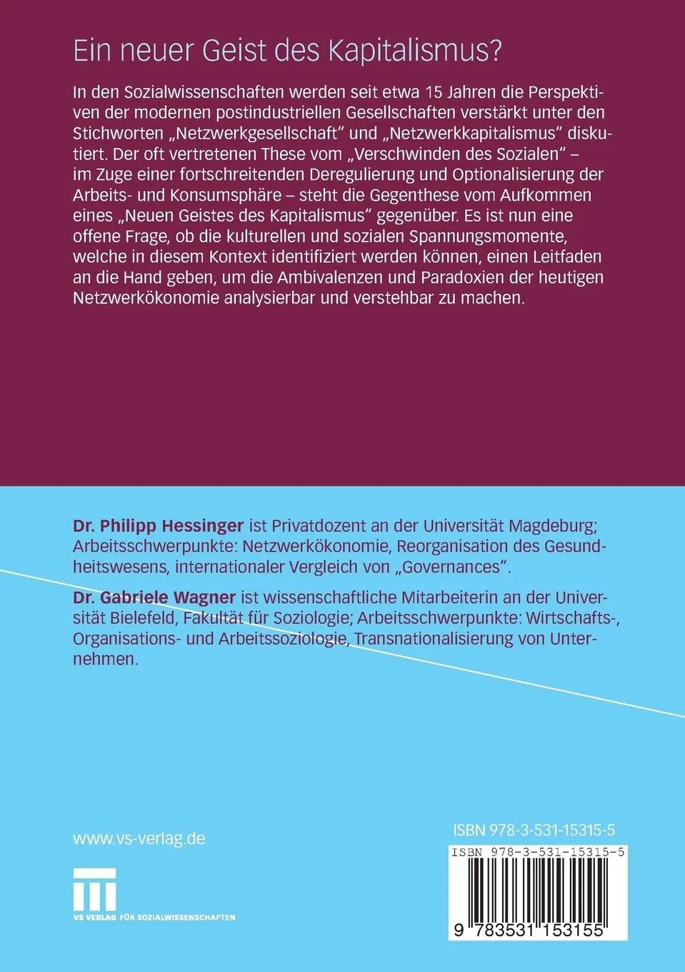 Rückseite: 9783531153155 | Ein neuer Geist des Kapitalismus? | Philipp Hessinger (u. a.) | Buch
