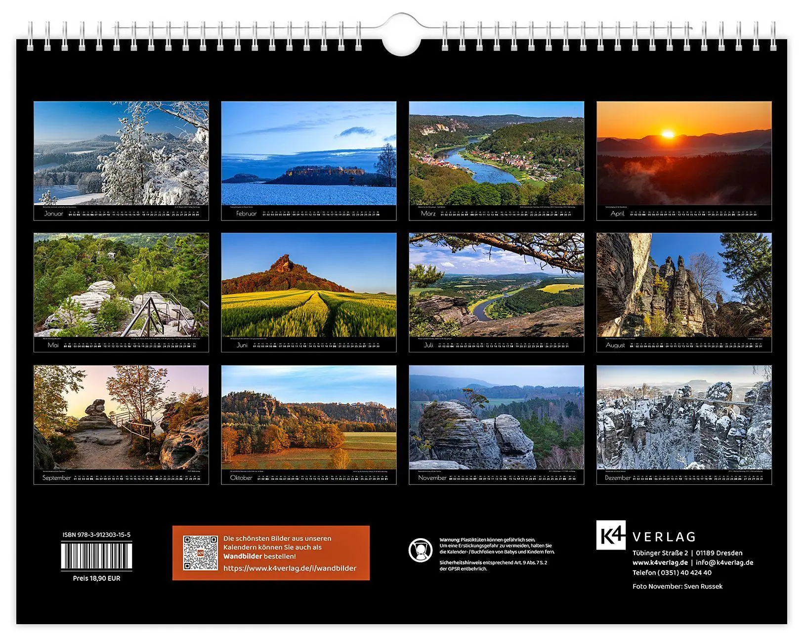 Bild: 9783912303155 | Kalender Sächsische Schweiz 2027 | 40 x 30 cm schwarzes Kalendarium