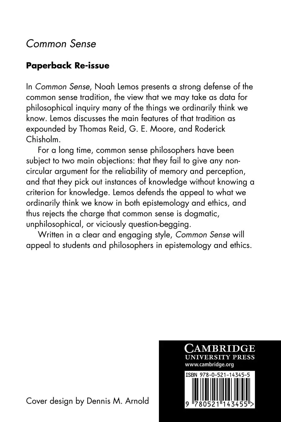 Rückseite: 9780521143455 | Common Sense | A Contemporary Defense | Noah Lemos | Taschenbuch