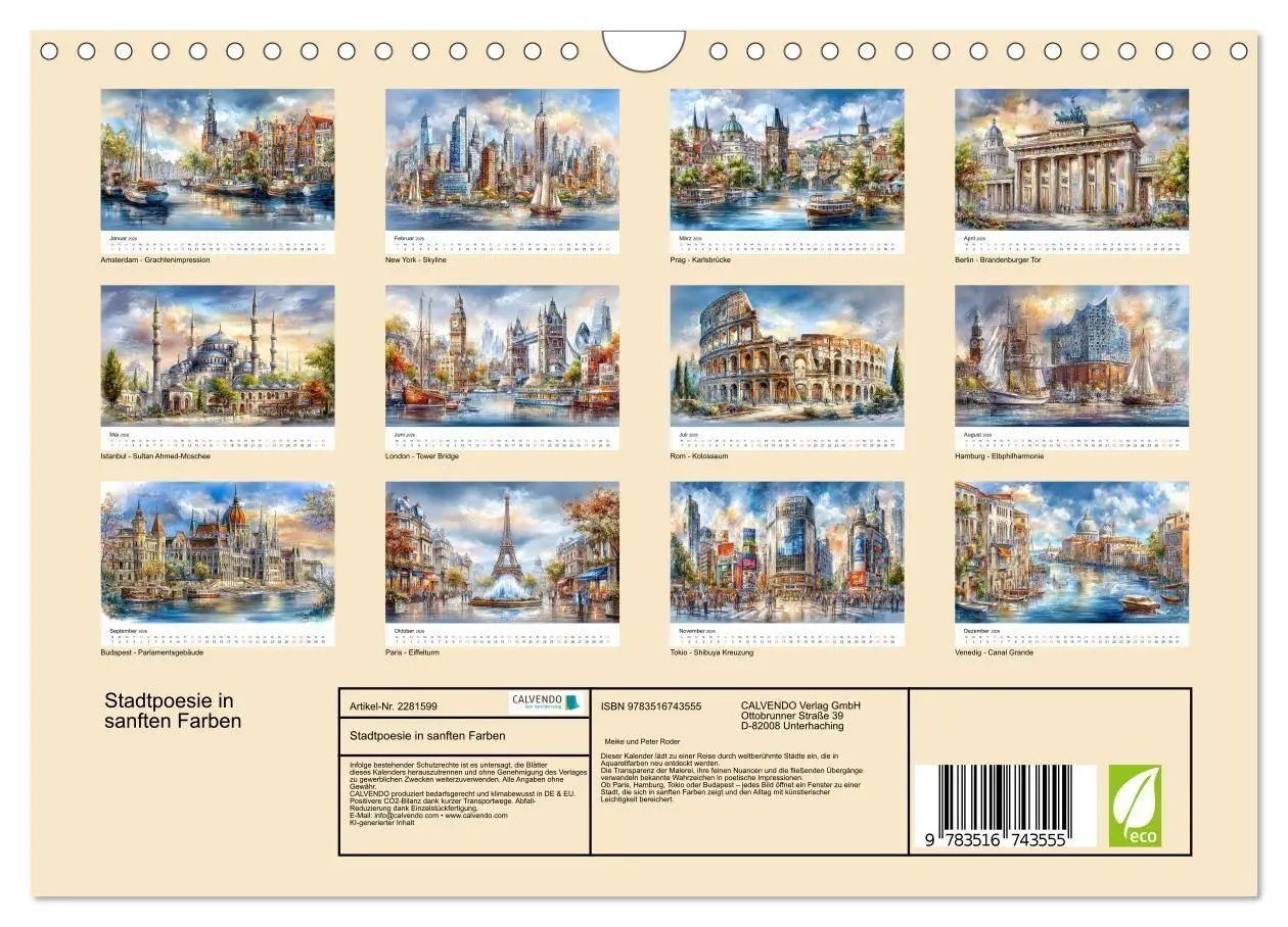 Bild: 9783516743555 | Stadtpoesie in sanften Farben (Wandkalender 2026 DIN A4 quer),...