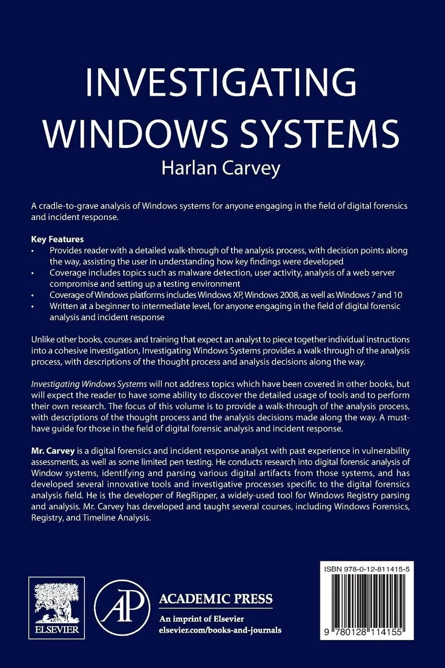 Rückseite: 9780128114155 | Investigating Windows Systems | Harlan Carvey | Taschenbuch | Englisch