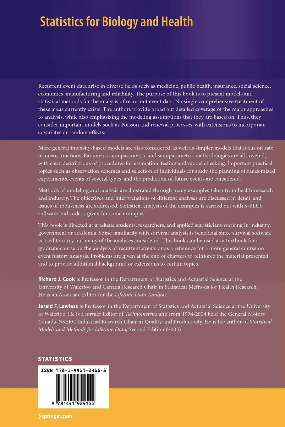 Rückseite: 9781441924155 | The Statistical Analysis of Recurrent Events | Richard J. Cook (u. a.)
