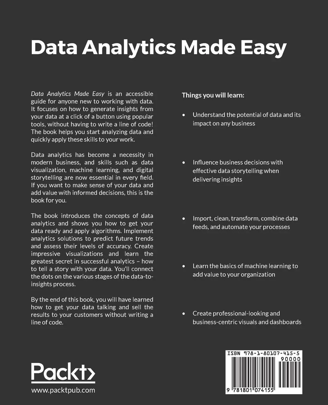 Rückseite: 9781801074155 | Data Analytics Made Easy | Andrea de Mauro | Taschenbuch | Englisch