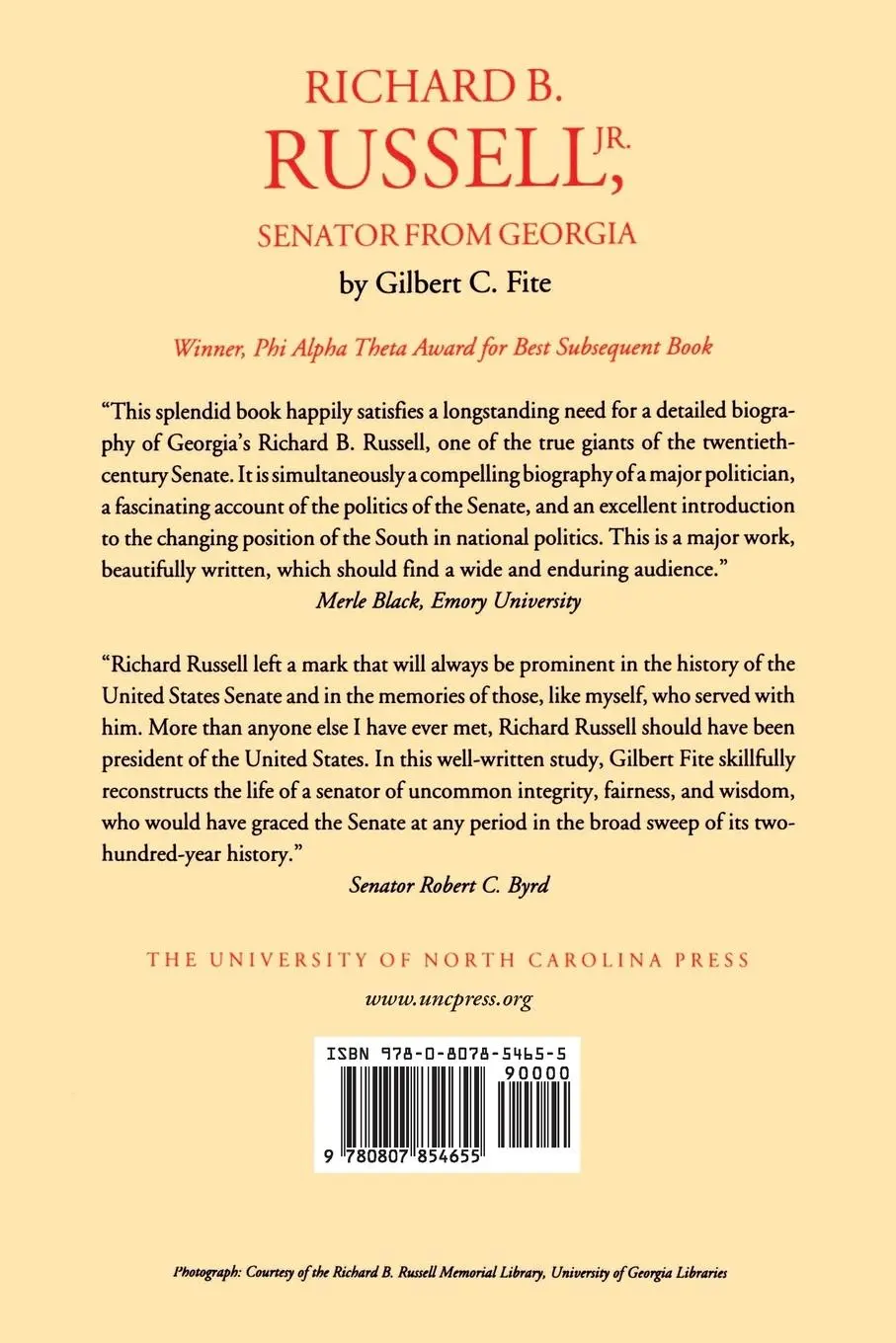 Rückseite: 9780807854655 | Richard B. Russell, Jr., Senator From Georgia | Gilbert C. Fite | Buch