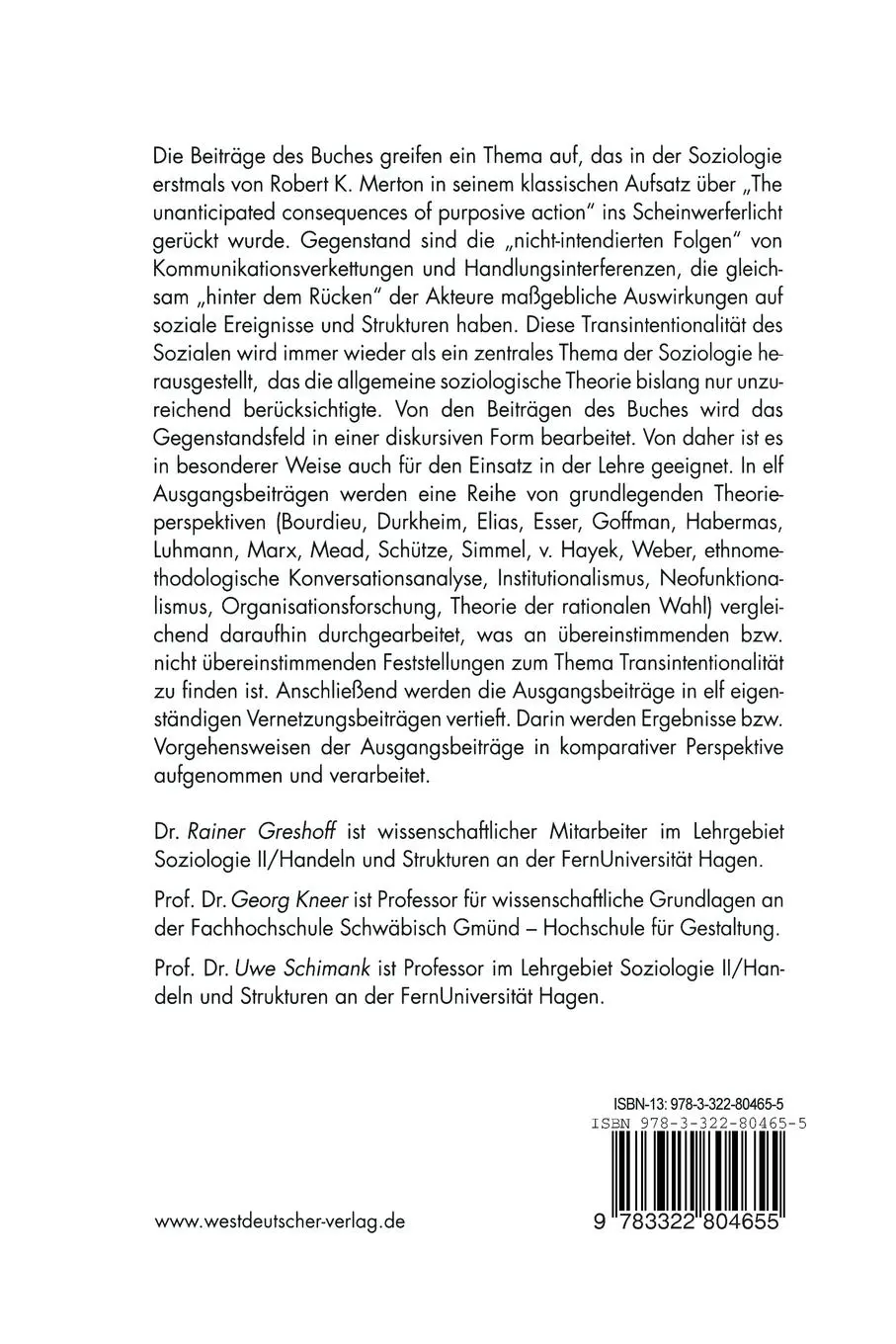 Rückseite: 9783322804655 | Die Transintentionalität des Sozialen | Rainer Greshoff (u. a.) | Buch